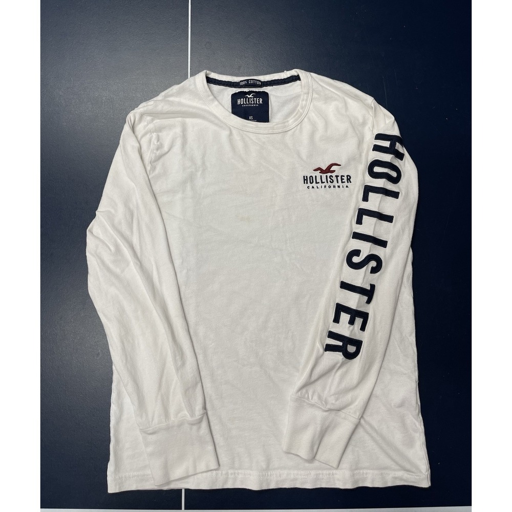 Y2K Hollister White Long Sleeve Shirt Men's XS Sleeve Spell Out Logo Graphic